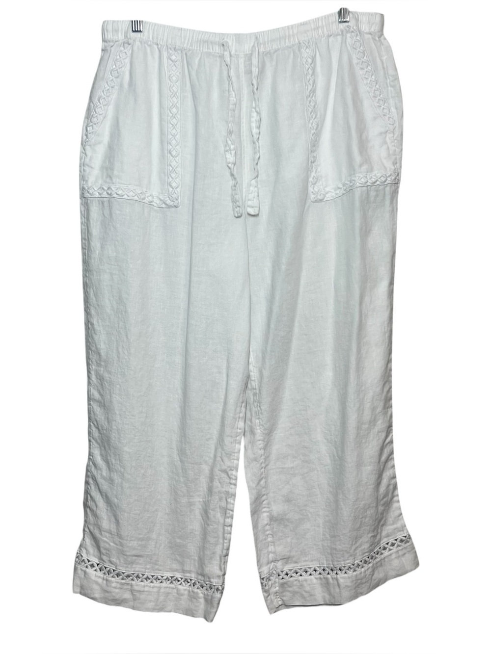 Joie Pants Womens Size XL White Linen Wide Leg Crop Pull On Embroidered Hem